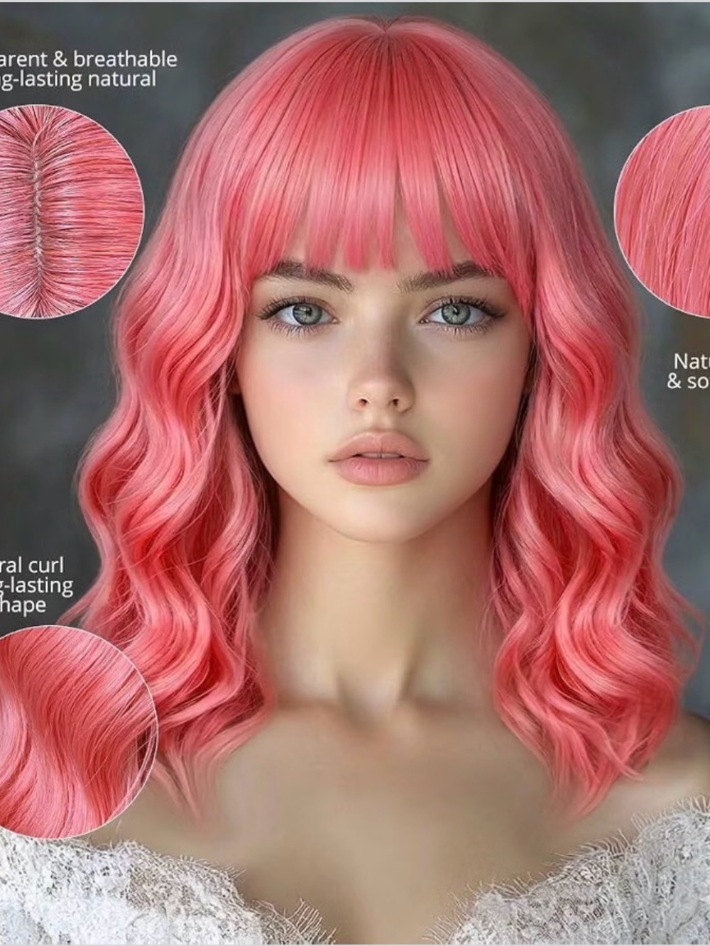 Pink Wavy Synthetic Wig with Bangs - Women Hair